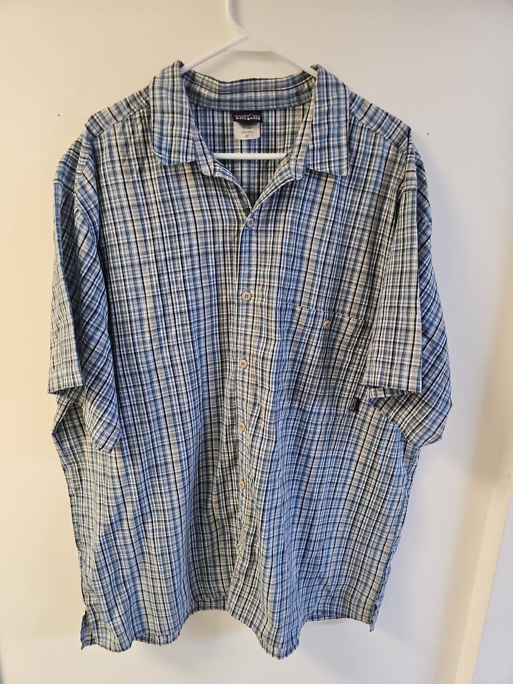 Patagonia Organic Cotton Men's XXL Short Sleeve Button Down Blue Plaid Shirt